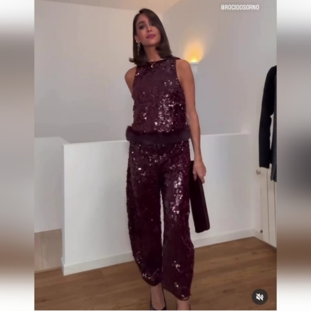 Zara Set Sequin Barrel Pants & Top With Faux Fur Hem NWT